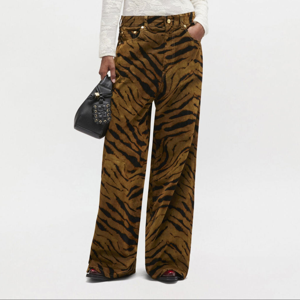 ganni baggy wide leg high waist jeans in flocked brown black tiger print