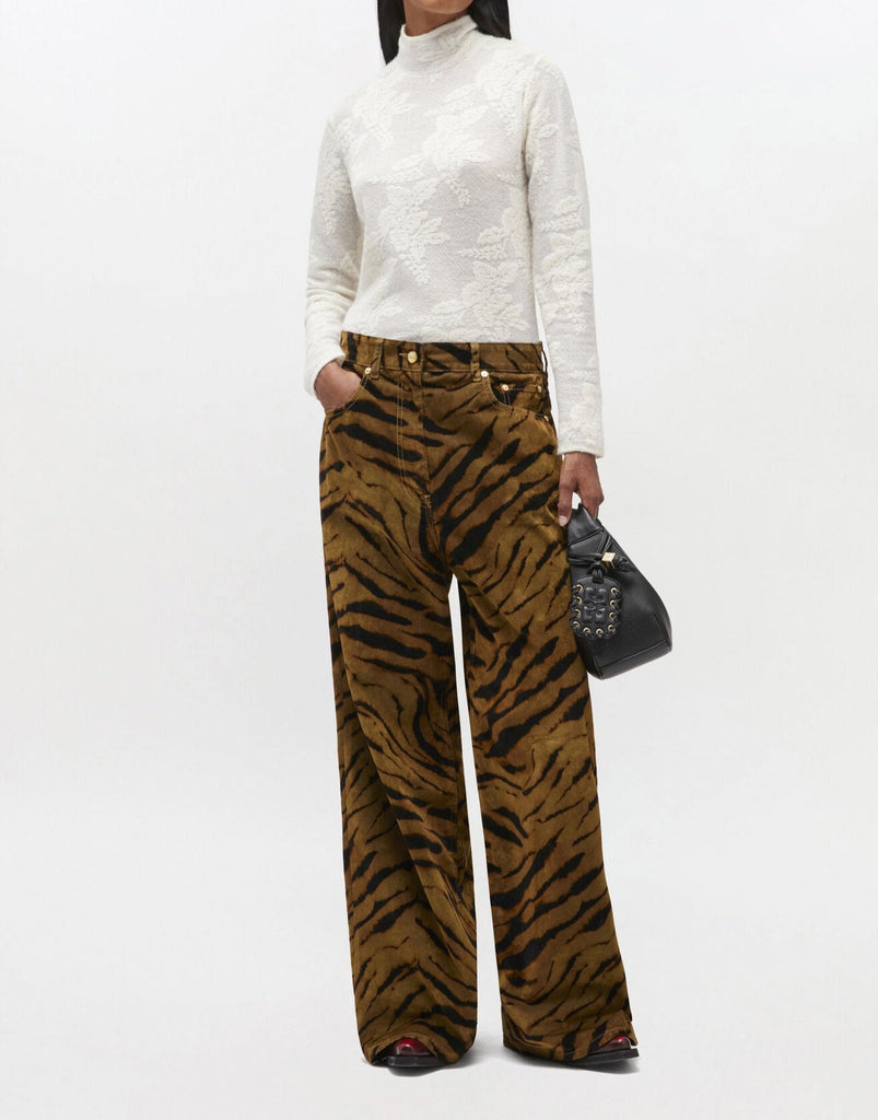 ganni baggy wide leg high waist jeans in flocked brown black tiger print