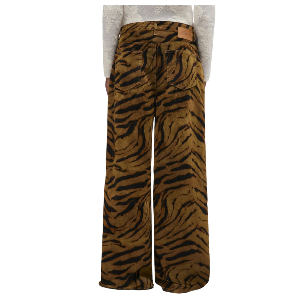 ganni baggy wide leg high waist jeans in flocked brown black tiger print