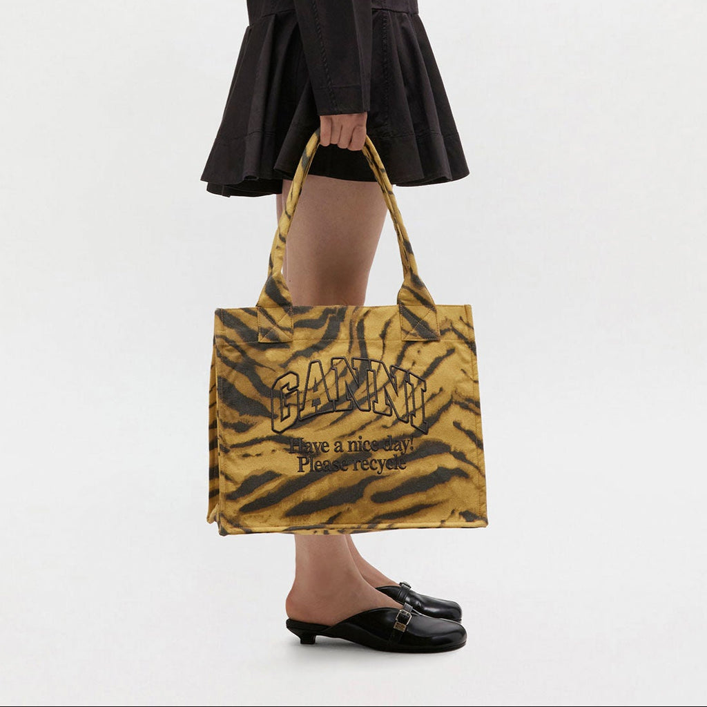 GANNI zebra print tote bag yellow black zebra tiger print cotton logo