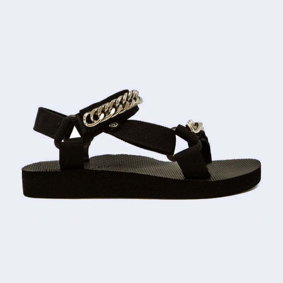 black trekky sports sandals with silver chains and velcro straps by Arizona Love