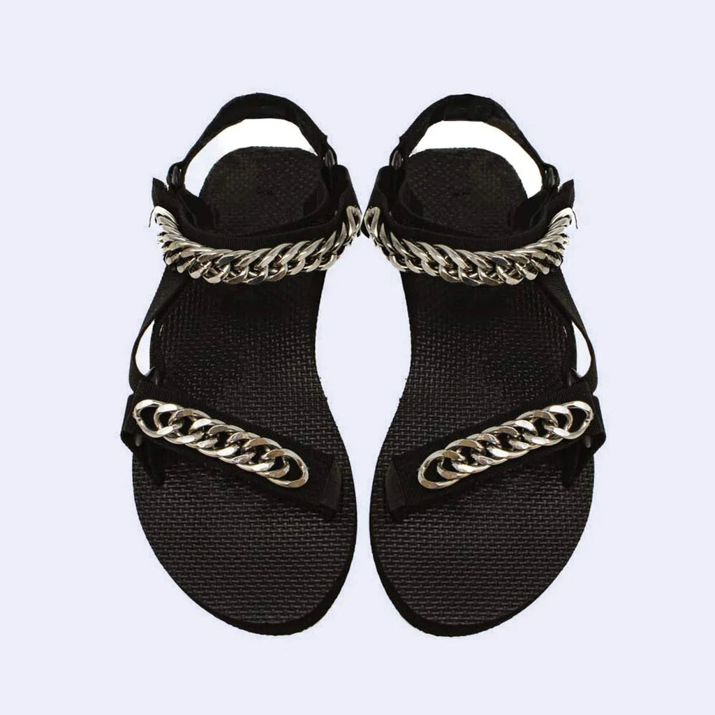 black trekky sports sandals with silver chains and velcro straps by Arizona Love