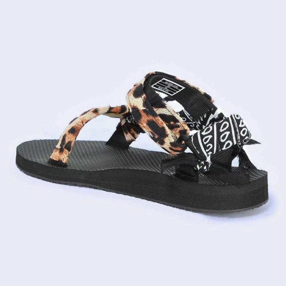 black trekky sports sandals with bandana and leopard print wrapped velcro straps by Arizona Love
