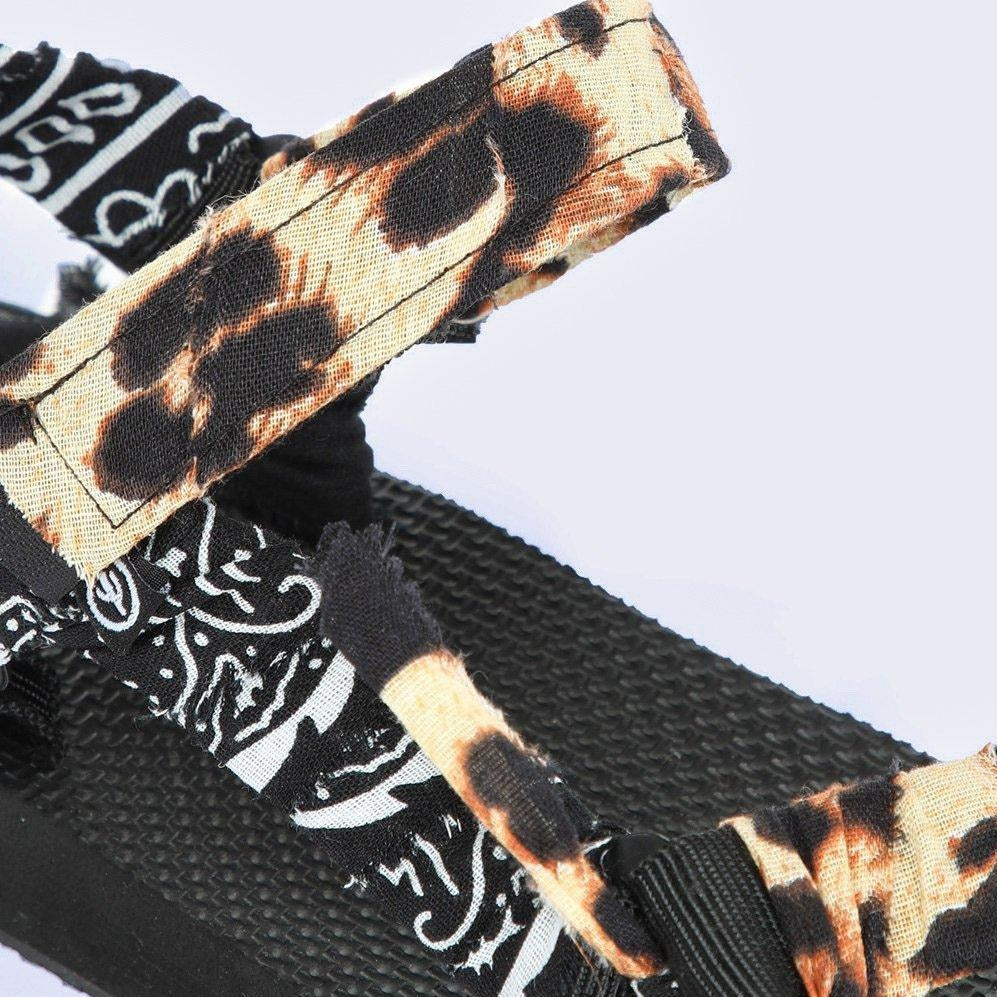 black trekky sports sandals with bandana and leopard print wrapped velcro straps by Arizona Love