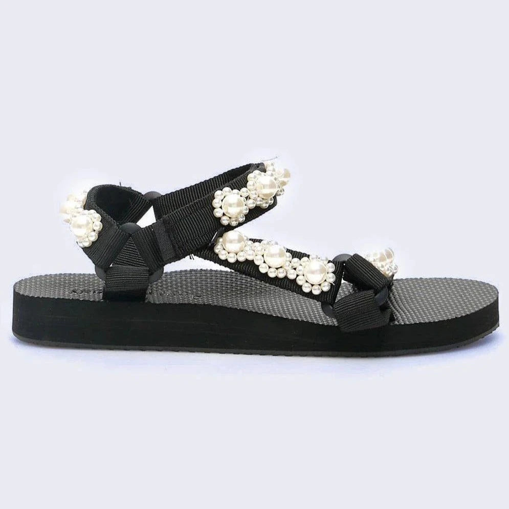 black trekky sports sandals with white pearls and velcro straps by Arizona Love