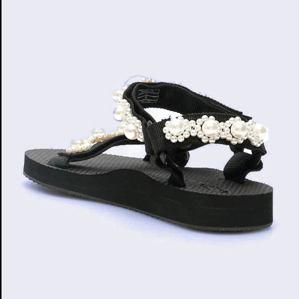black trekky sports sandals with white pearls and velcro straps by Arizona Love