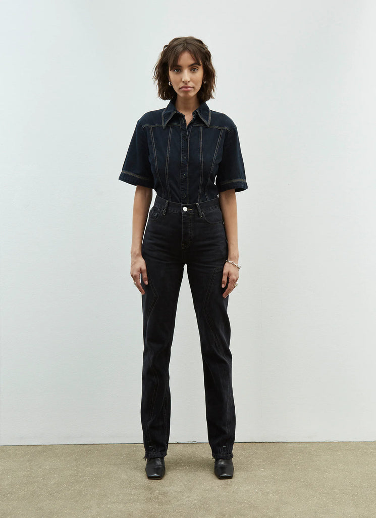 rigid dark denim high waist panelled twisted alley jeans by DALA