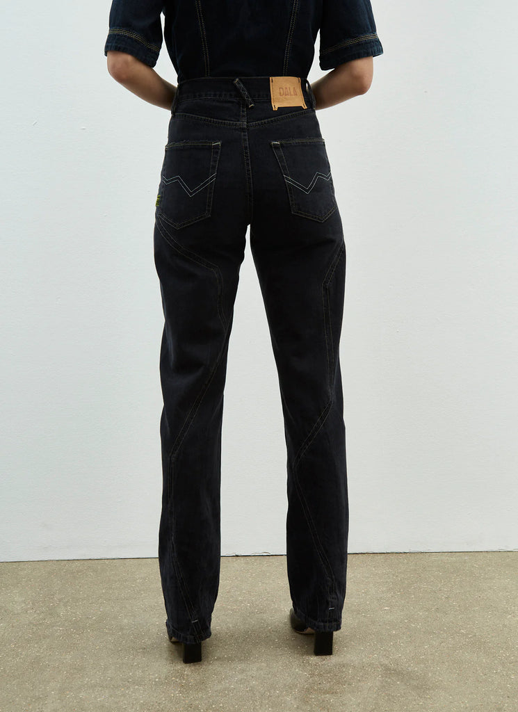 rigid dark denim high waist panelled twisted alley jeans by DALA dark grey charcoal faded black yellow stitch