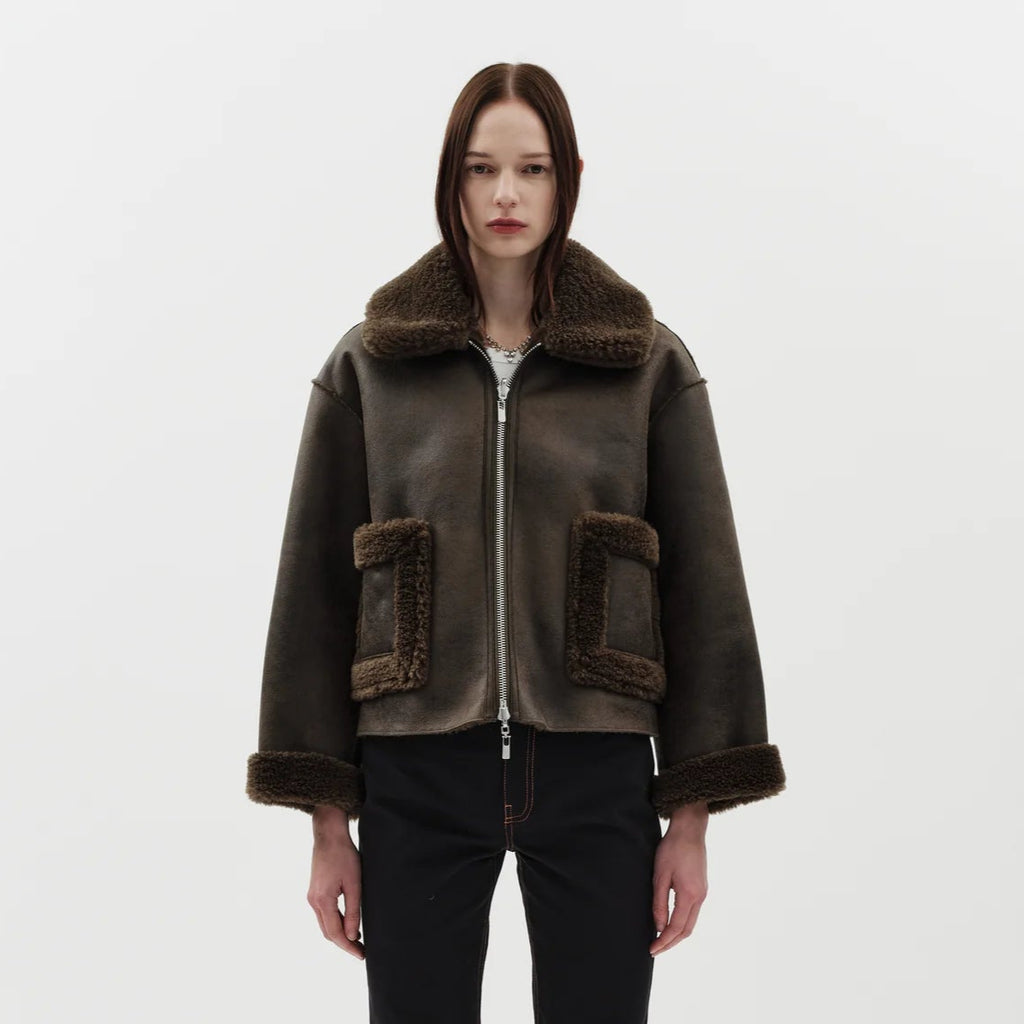 Jakke faux shearling leather cropped aviator jacket khaki dark green