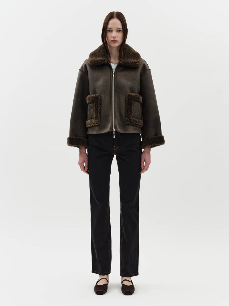 Jakke faux shearling leather cropped aviator jacket khaki dark green