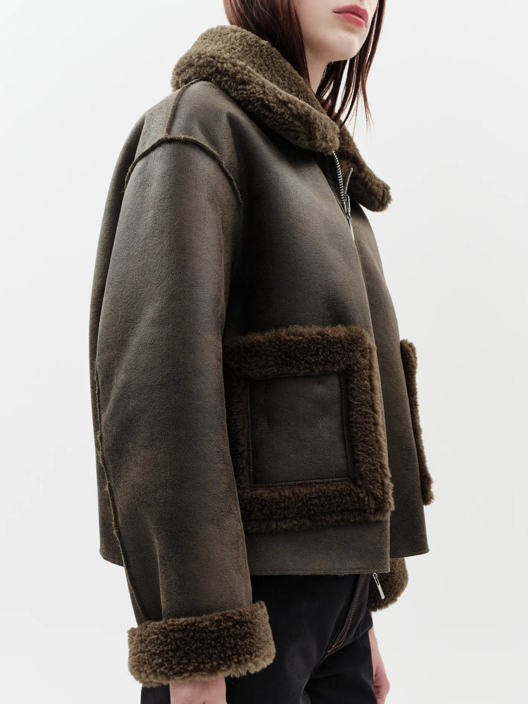 Jakke faux shearling leather cropped aviator jacket khaki dark green