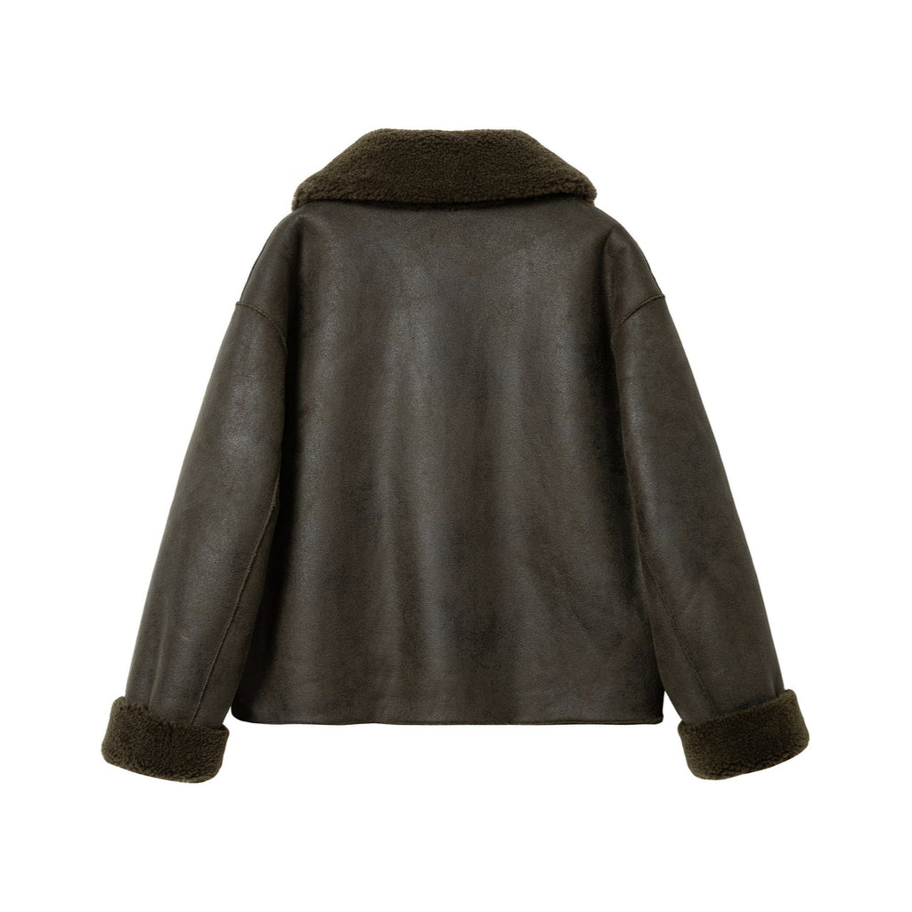 Jakke faux shearling leather cropped aviator jacket khaki dark green