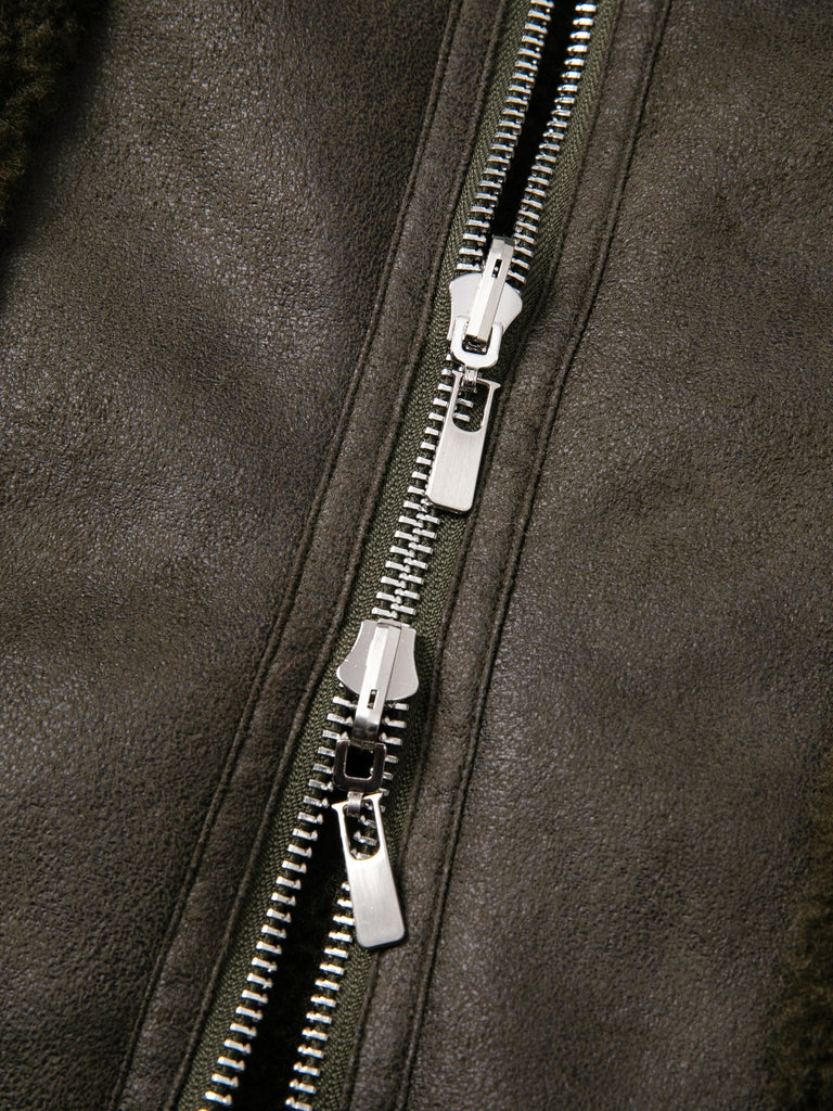 Jakke faux shearling leather cropped aviator jacket khaki dark green