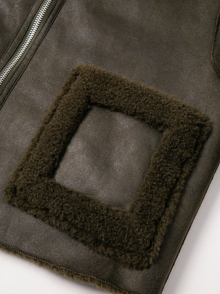 Jakke faux shearling leather cropped aviator jacket khaki dark green