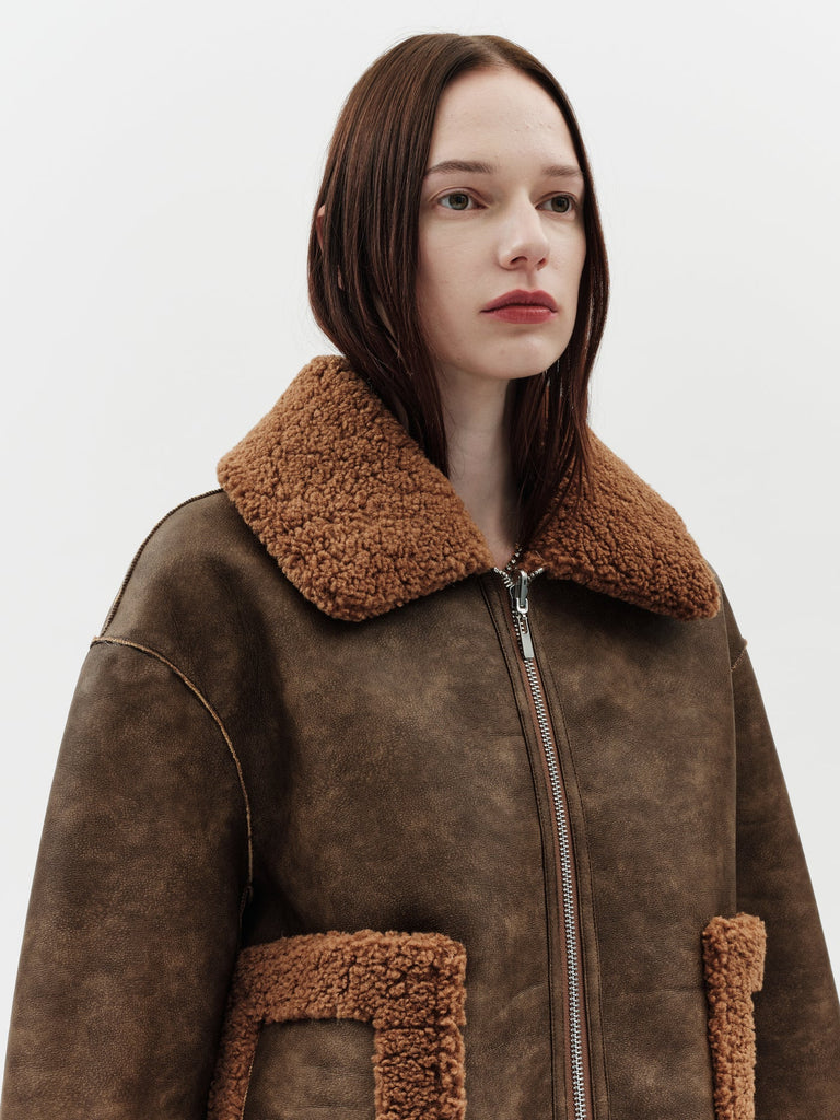 Jakke faux shearling leather cropped aviator jacket tan brown