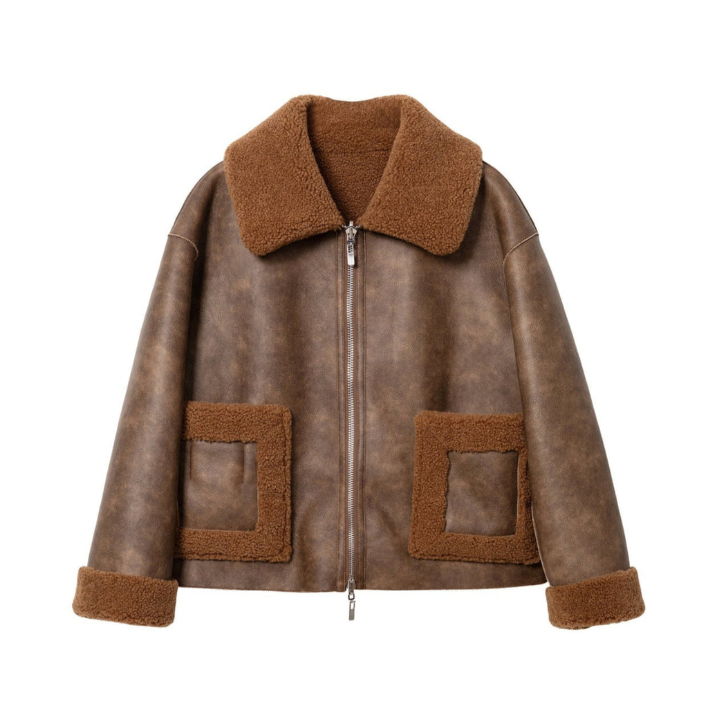 Jakke faux shearling leather cropped aviator jacket tan brown