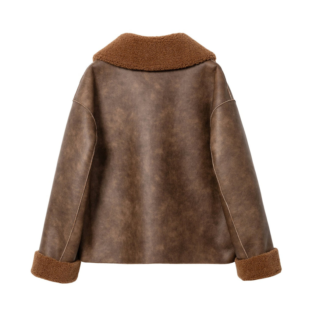 Jakke faux shearling leather cropped aviator jacket tan brown