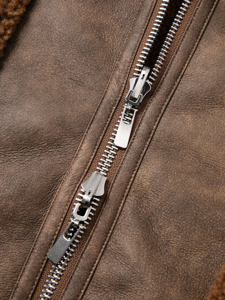 Jakke faux shearling leather cropped aviator jacket tan brown