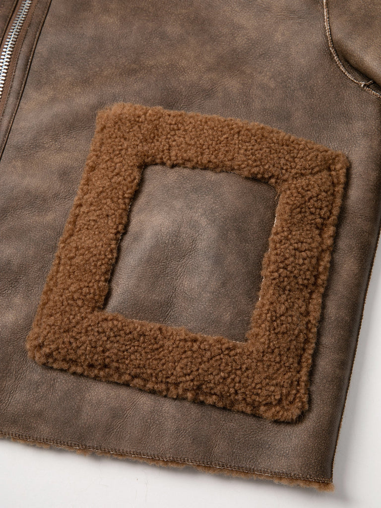 Jakke faux shearling leather cropped aviator jacket tan brown