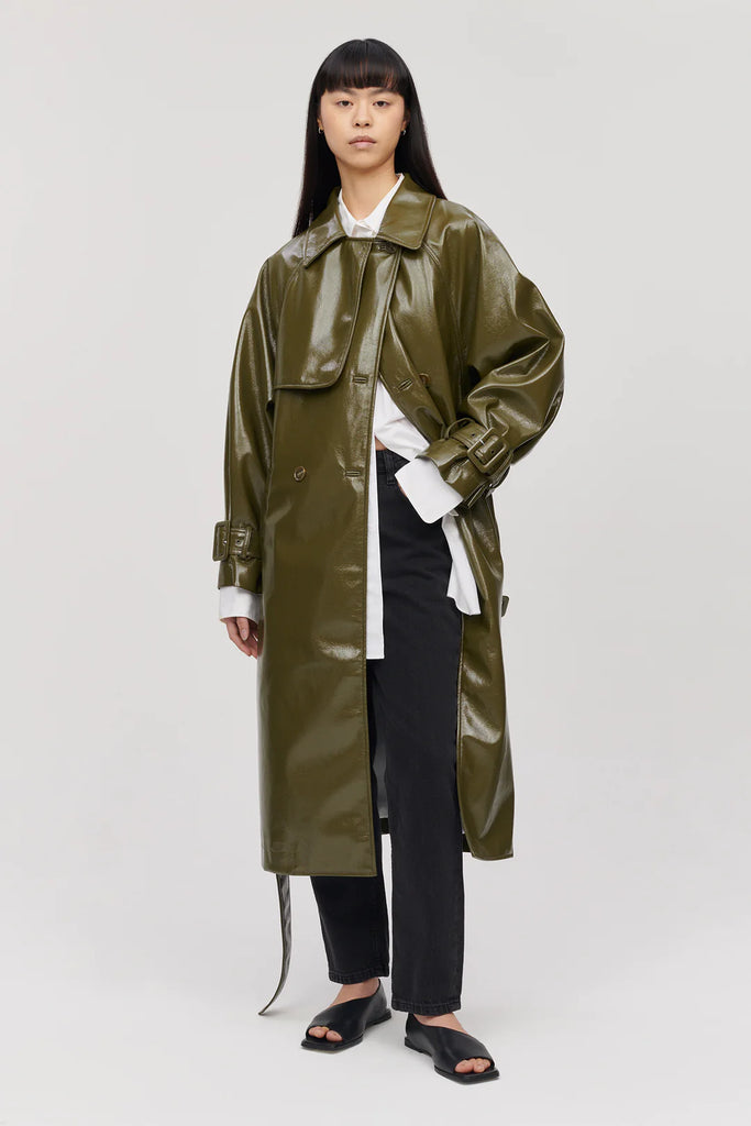 green patent vegan leather winona trench coat by Jakke