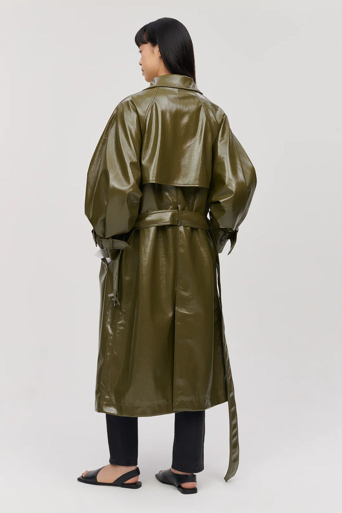 green patent vegan leather winona trench coat by Jakke