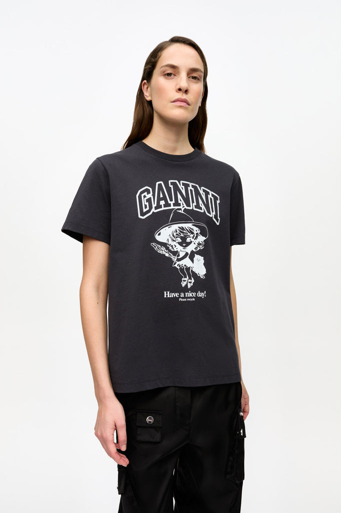 ganni basic cotton relaxed tee t-shirt black phantom witch logo have a nice day!