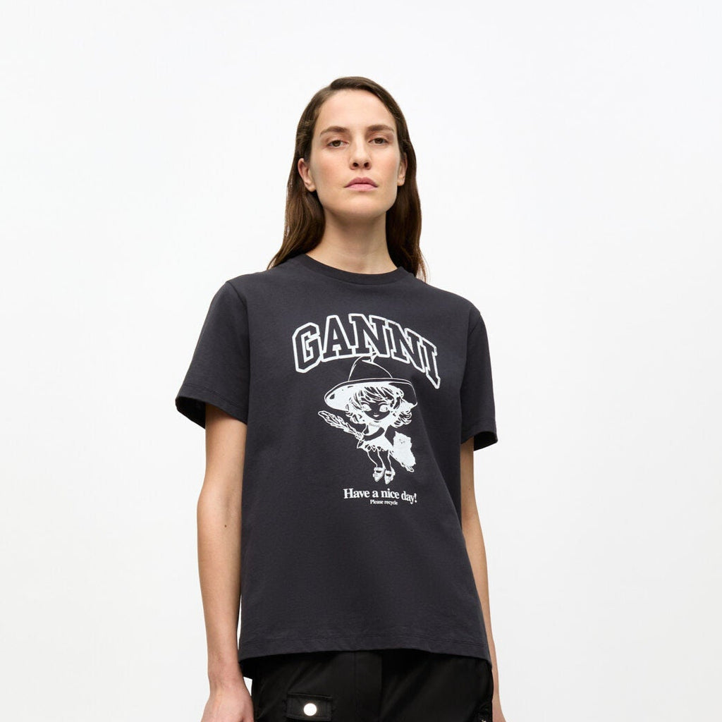 ganni basic cotton relaxed tee t-shirt black phantom witch logo have a nice day!
