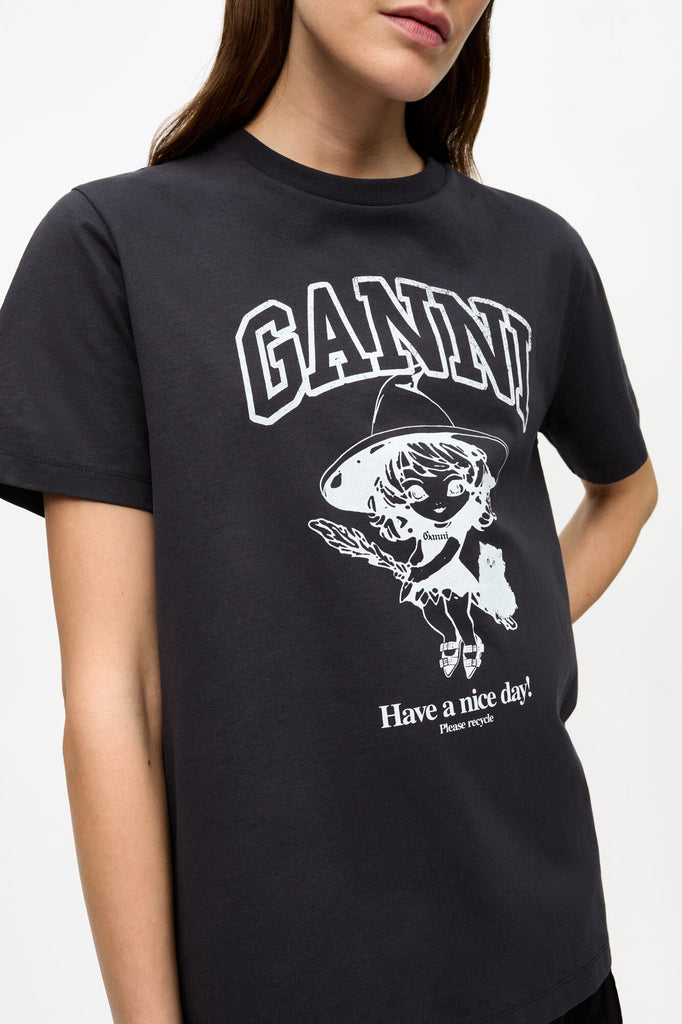 ganni basic cotton relaxed tee t-shirt black phantom witch logo have a nice day!
