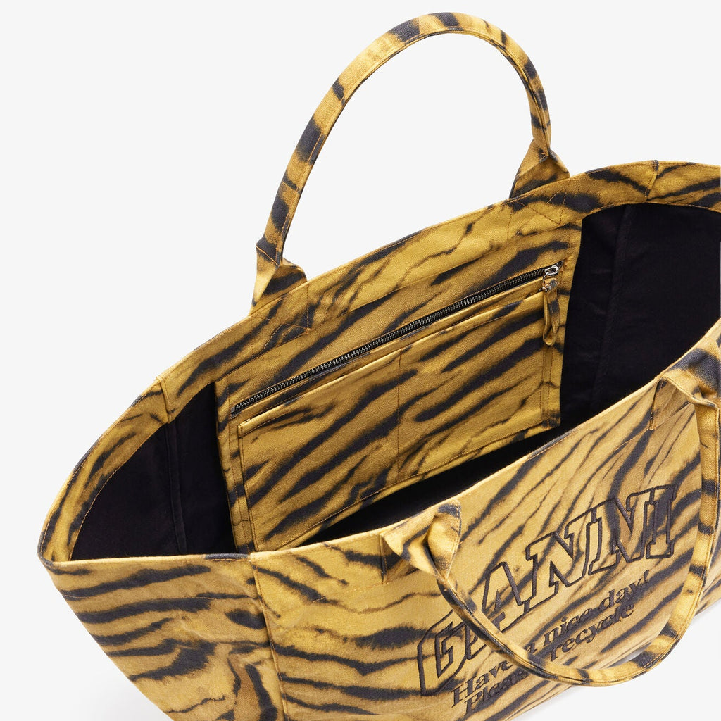 GANNI Oversized XXL yellow and black Zebra tiger Print Tote Bag cotton