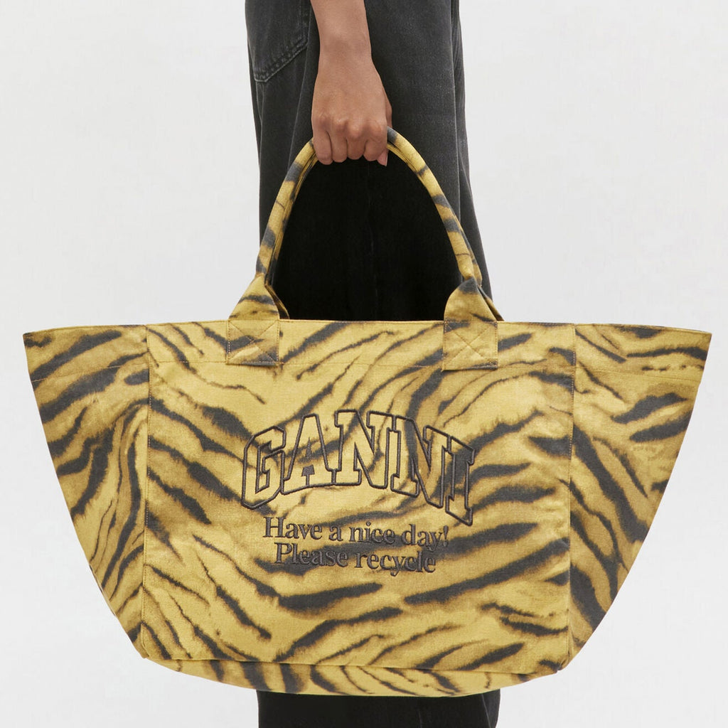 GANNI Oversized XXL yellow and black Zebra tiger Print Tote Bag cotton