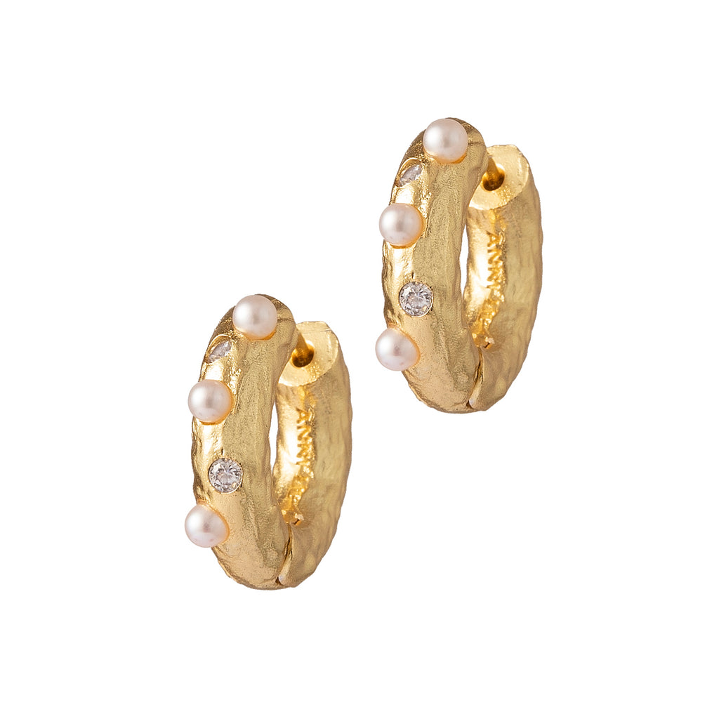 Gold hoop earrings by Anni Lu with pearls and cubic zirconias and a hinge opening