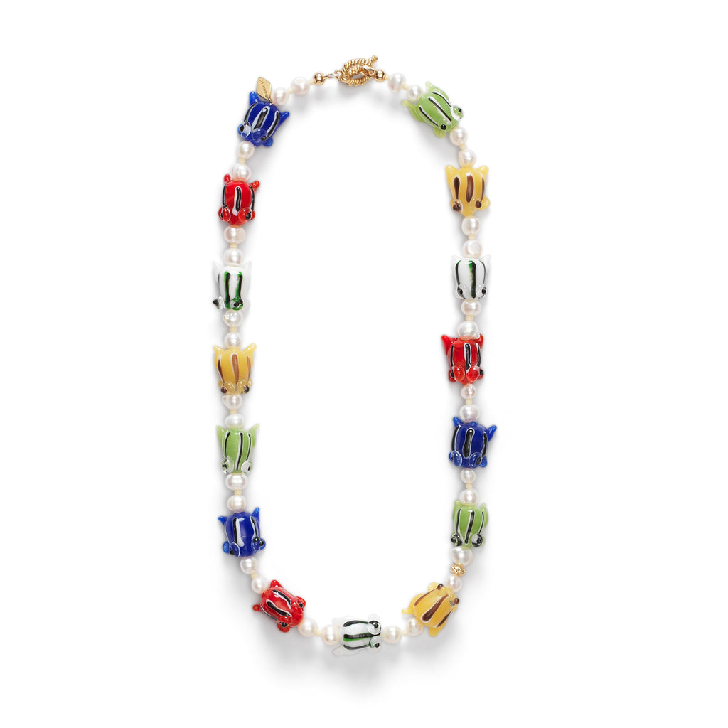A necklace by Anni Lu with pearls and multi-coloured glass frog beads