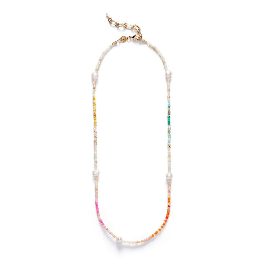 A necklace by Anni Lu with multi-coloured glass beads and pearls 