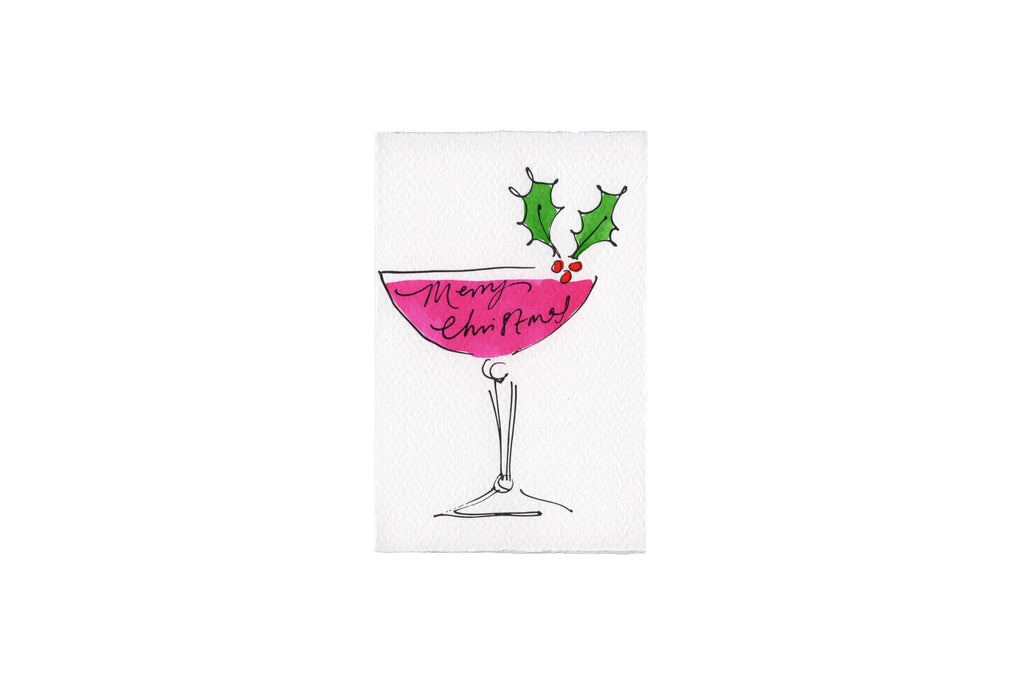 Scribble and Daub Merry Christmas Pink Cocktail with Holly Greeting Card
