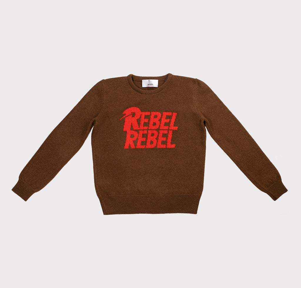 Brown and red knitted wool David Bowie Rebel Rebel jumper by Hades