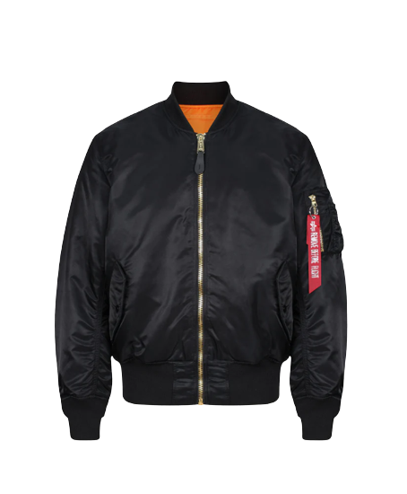 Front view of black and orange reversible MA-1 bomber jacket by Alpha Industries 