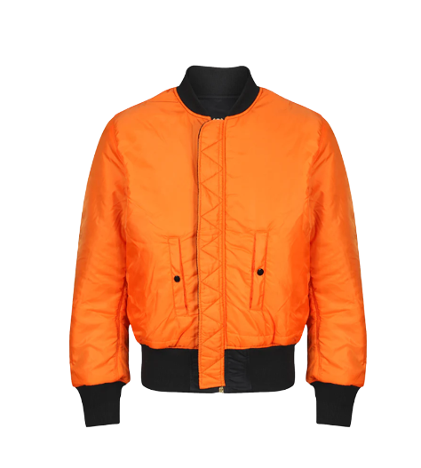 Front view of inside-out black and orange reversible MA-1 bomber jacket by Alpha Industries 