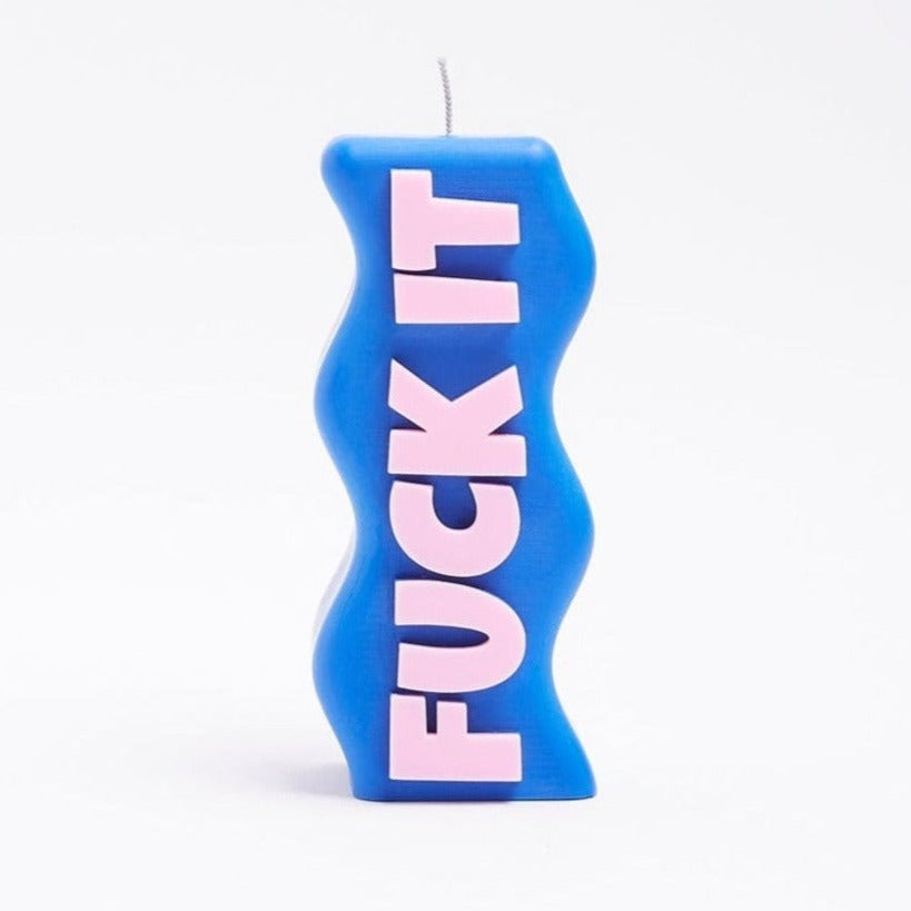 blue and pink fuck it pillar candle by wavey casa