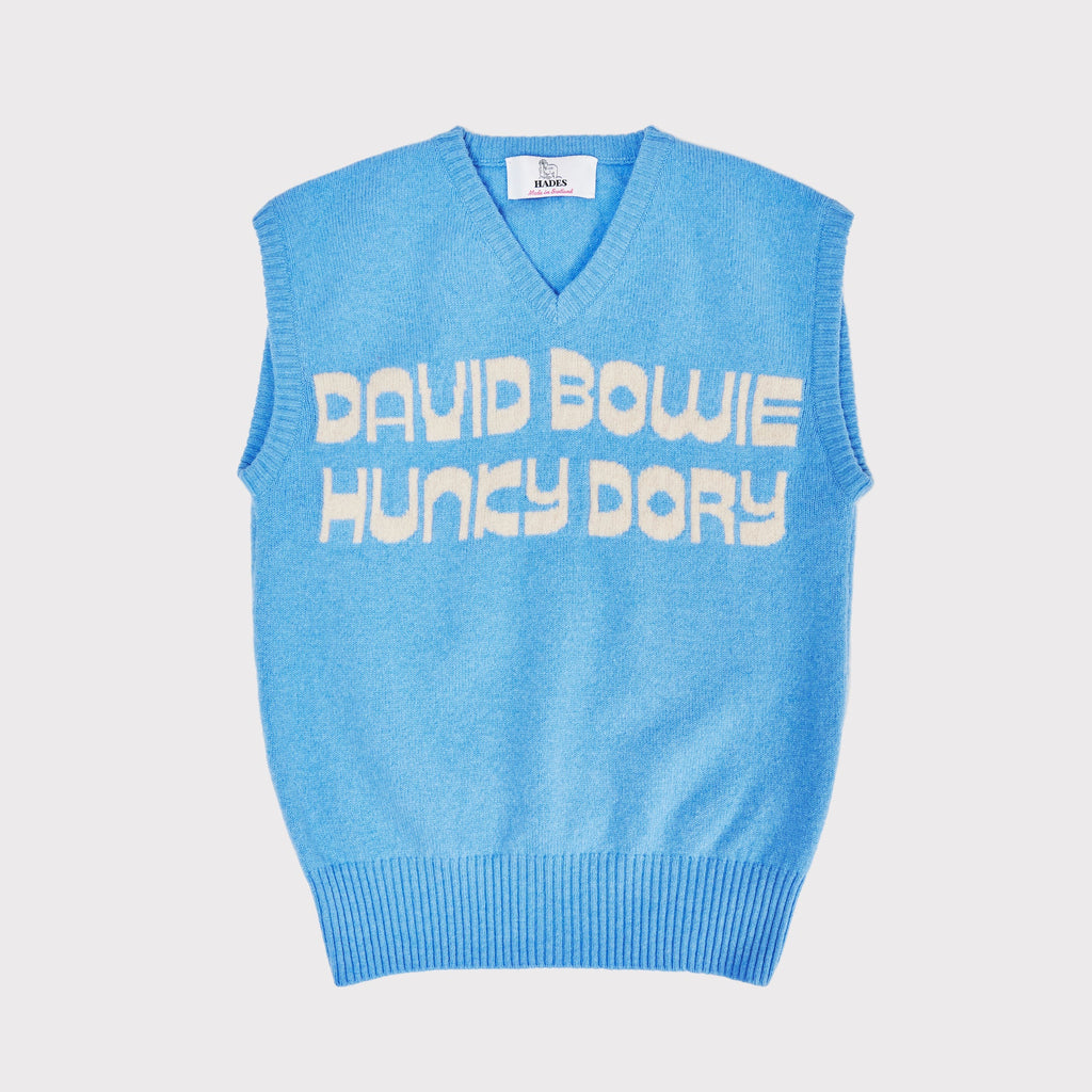Baby blue v neck knitted wool David Bowie Hunky Dory sleeveless vest by Hades