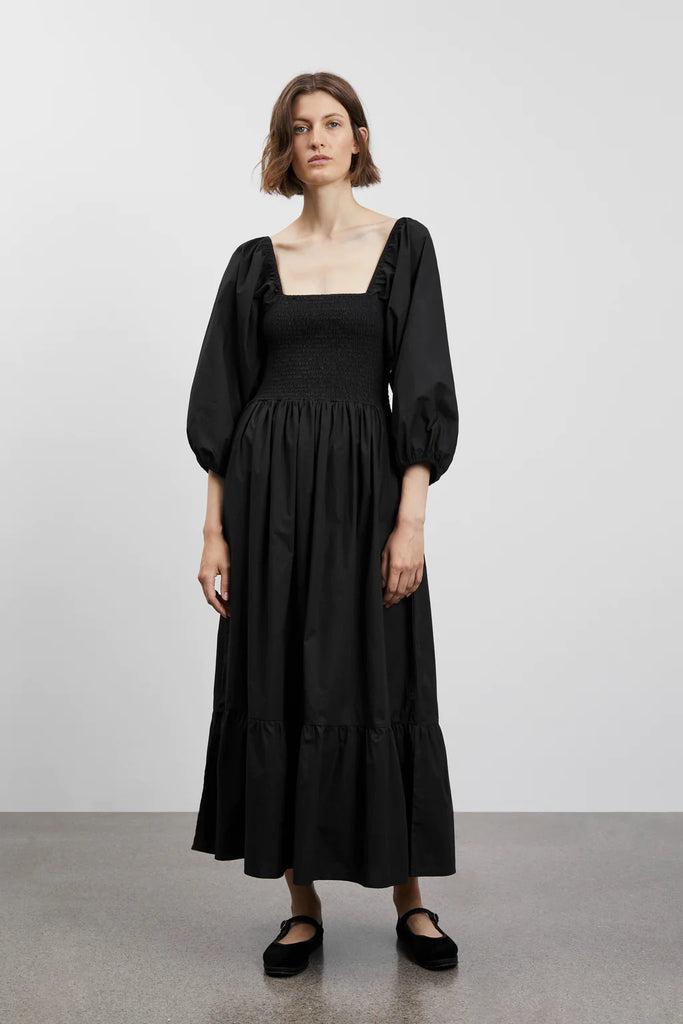 Black shirred long puff sleeve cotton Rani maxi dress by skall studio