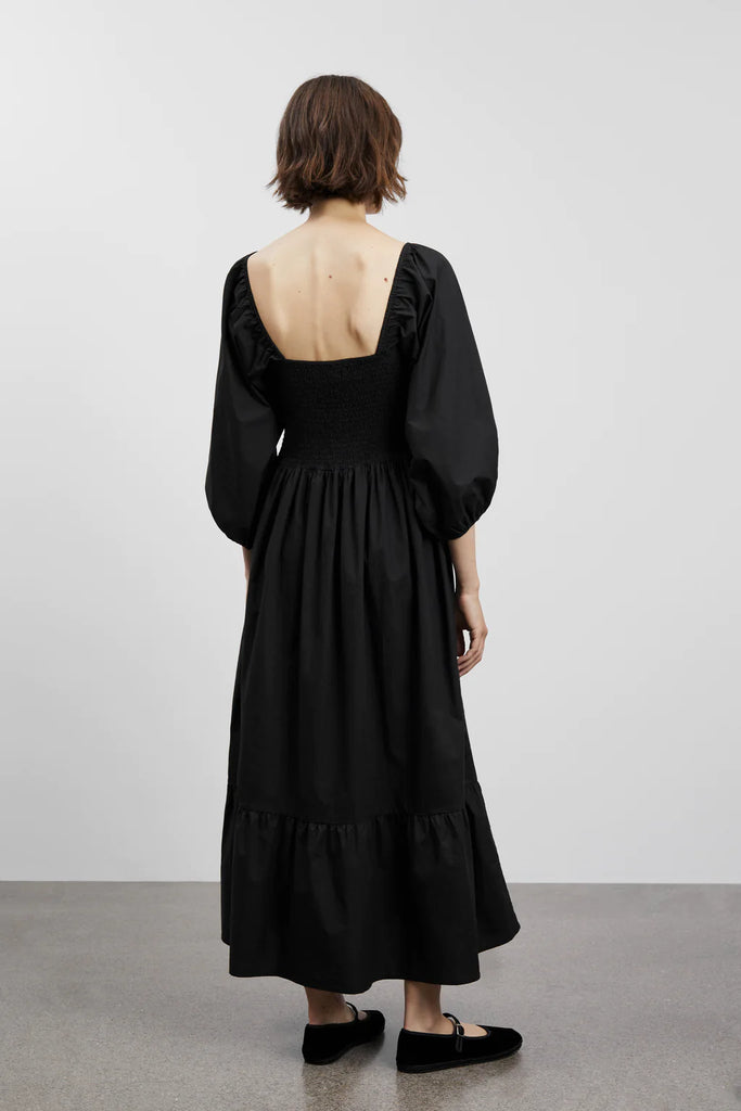 Black shirred long puff sleeve cotton Rani maxi dress by skall studio