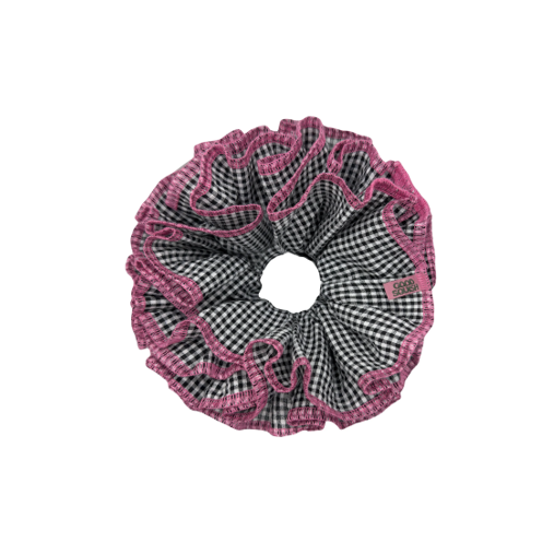 black and white gingham baby wilder scrunchie with pink overlocked edge hem by good squish
